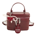 Retro burgundy box handbag in glossy leather with pearl chain and heart charm - Pearl Bow Heart Pendant / Red
