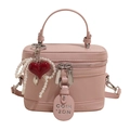 Pink patent leather box handbag with silver zip, pearl heart charm and crossbody strap - Pearl Bow Heart Pendant / Pink