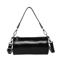 Minimalist black cylinder pillow bag in glossy oil wax leather with silver hardware - Black