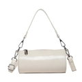 Minimalist cream white barrel shoulder bag with glossy oil wax leather and silver hardware - White