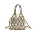 Silver beaded mesh bucket bag with satin drawstring pouch and detachable chain strap - Small / Silver