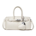 Beige lychee pattern leather square handbag with silver heart pendant and strap - White