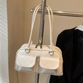 Sac Boston chic en similicuir blanc crème brillant avec double poche sur le devant - Blanc Cassé - Sans Pendentif