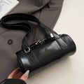 Glossy black cylindrical baguette shoulder bag with double straps and silver hardware - Black - Without Pendant