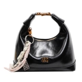 Classic black wax leather satchel with glossy finish and creative charm pendant - Black With Pendant