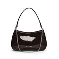 Fashionable deep brown patent leather crescent bag with silver chain and shoulder strap - Coffee Without Pendant