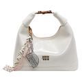 Milk white oil wax leather dumpling bag with metal logo and tennis racket charm - Cream White With Pendant