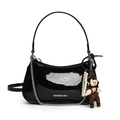 Fashionable black patent leather shoulder bag with silver chain and cute doll charm - Black With Dumei Pendant (1109332)