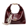Retro burgundy oil wax leather hobo handbag with metal handle and decorative sports charm - Red With Pendant