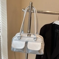 Sac Boston blanc minimaliste en cuir PU brillant avec deux poches à rabat sur le devant - Bleu Clair (Sans Pendentif)
