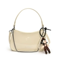 Chic beige patent leather baguette bag with a cute doll pendant and pearl chain - White With Dumei Pendant (1109332)