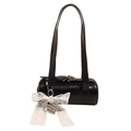 Glossy black cylindrical shoulder bag with lace bow and silver heart pendant - Black With Lace Heart Pendant