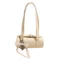 Chic beige cylinder shoulder bag with heart bead charm and white lace bow detail - White With Lace Heart Pendant