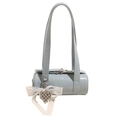 Light blue cylindrical baguette bag in smooth patent leather with heart pendant - Blue With Lace Heart Pendant