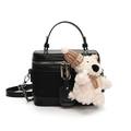 Elegant black leather box bag with silver hardware and cute plush bear charm - Plush Bear Pendant Included / Black