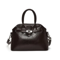 Chic dark brown oily leather shell bag with top handles and metallic clasp for women - Brown