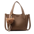 Brown lychee pattern bucket bag with bear pendant and adjustable crossbody strap - Bear Charm With Knot / Khaki