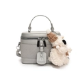 Light gray woven leather box bag with a silver zipper and a cute white teddy bear charm - Plush Bear Pendant Included / Blue