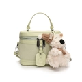 Elegant pale green box-shaped handbag with woven texture and cute plush dog charm - Plush Bear Pendant Included / Green