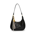 Black oil-wax leather hobo bag with gold hardware and stylish decorative pendant strap - Black With Gold Abacus Racket Knot
