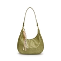 Olive green hobo tote bag in wax texture leather with woven pendant detail - Green With Gold Abacus Racket Knot