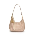Chic beige oil wax leather hobo bag with unique golden racket pendant and woven charm - Khaki With Gold Abacus Racket Knot