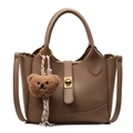 Brown litchi grain leather bucket bag with a cute bear charm and top handles - Bear Charm With Knot / Khaki