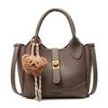 Deep brown lychee pattern leather bucket bag with a cute plush bear charm and metal buckle - Bear Charm With Knot / Elephant Gray