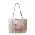 Woven straw tote bag in cream and pink with Summer leather pocket and lace bow - Pink