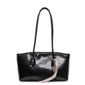 Minimalist black glossy bucket bag with silk scarf charm and fashion embossing - Abacus Racket Rope Knot / Black