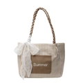 Beige woven straw tote bag with brown Summer patch and white lace bow detail - Khaki
