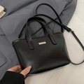 Minimalist black PU leather bucket bag with top handles and detachable shoulder strap - No Pendant / Black