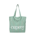 Green and white striped canvas tote bag with long and short handles and cupere text - Green