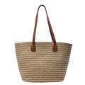 Borsa tote in paglia intrecciata con manici in pelle marrone e trama a onde - Cachi chiaro