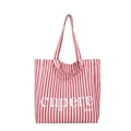 Vertical red and white striped canvas tote bag with bold cupere text print design - Pink