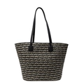 Grande borsa tote in paglia con motivo a chevron nero e manici in ecopelle per estate - Nero