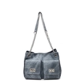 Blaue Tragetasche im Denim-Stil mit silberner Kette und Vintage-Waschstruktur - Blau
