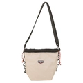 Borsa a secchiello beige a quadretti con coulisse, tracolla nera e dettaglio in corda - Cachi