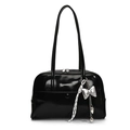 Minimalist black oil-wax leather Boston bag with silver bow charm and shoulder straps - Black (With Silver Bow Heart Pendant)