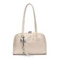 Minimalist creamy white waxed leather Boston bag with silver bow charm and shoulder straps - White (With Silver Bow Heart Pendant)