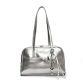 Minimalist silver faux leather shoulder bag with metallic finish and heart pendant - Silver (With Silver Bow Heart Pendant)