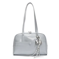 Light blue-grey oil wax leather Boston bag with a silver bow charm and shoulder straps - Blue (With Silver Bow Heart Pendant)