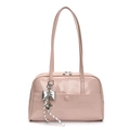 Chic pink oil wax leather Boston bag with glossy finish and silver bow pendant charm - Pink (With Silver Bow Heart Pendant)