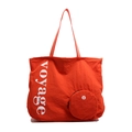 Grand sac cabas orange en tissu lavé avec imprimé voyage et petite pochette assortie - Orange