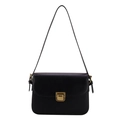 Classic black leather shoulder bag with gold square buckle and adjustable strap - Black