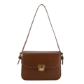 Classic vintage dark brown leather shoulder bag with a matte gold metallic buckle - Brown