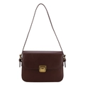 Minimalist vintage underarm bag in dark brown matte leather with golden buckle - Brown