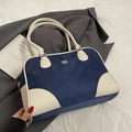 Retro-Schultertasche aus marineblauem Canvas mit cremefarbenen Lederakzenten - Ohne Anhänger / Blau