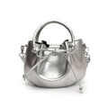 Silver metallic leather bucket bag with top handle and drawstring bow accent - Silver