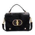 Elegante bolso de mano de cuero negro con hebilla ovalada dorada y asa superior - Negro